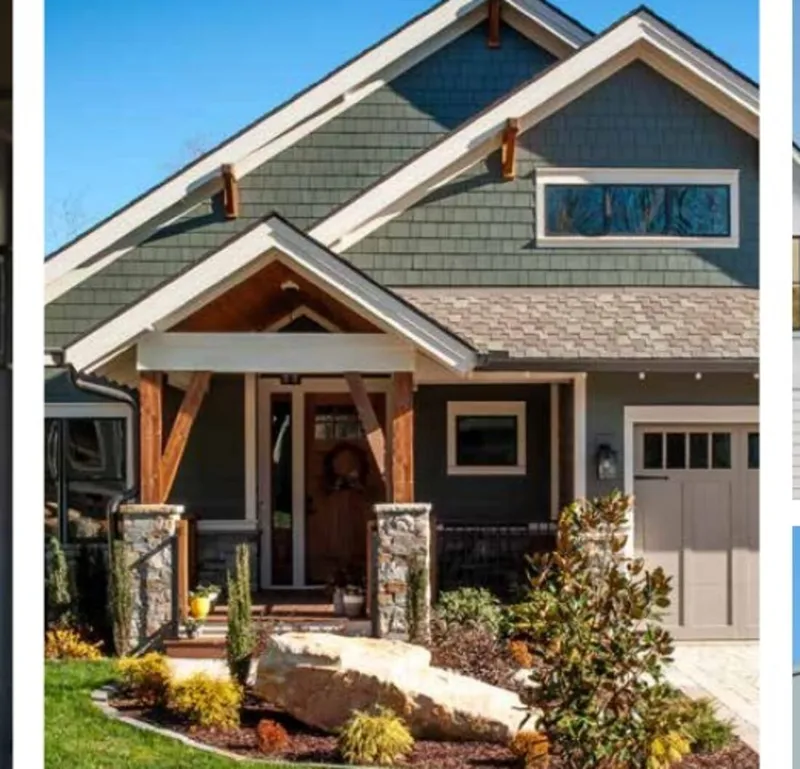 Craftsman home with James Hardie shingle siding in green and natural cedar timber porch posts