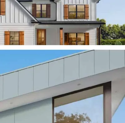 Modern farmhouse exterior with white James Hardie panel and batten siding plus stained wood window shutters